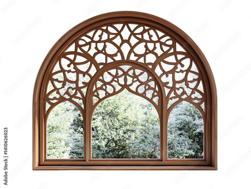 Fototapeta premium Elegant Arched Window with Intricate Design Overlooking Nature