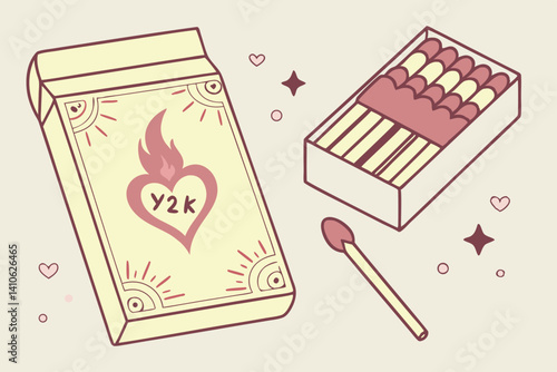 Light yellow Romantic Matchbook with Burning Heart - Y2K Valentine’s Day Vector Illustration

