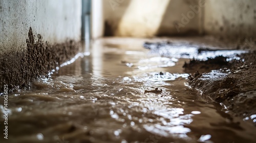 Water flooding basement due to blocked sewage pipe causing damage and dirt on the floor