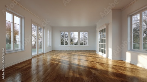 Wallpaper Mural Sunlit empty room with hardwood floors and large windows offering a view of trees. The bright, airy space is perfect for modern living. Torontodigital.ca