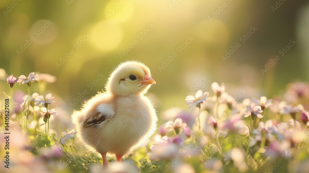 A fluffy chick amidst a field of wildflowers bathed in golden sunlight. A fluffy chick amidst a field of wildflowers bathed in golden sunlight.