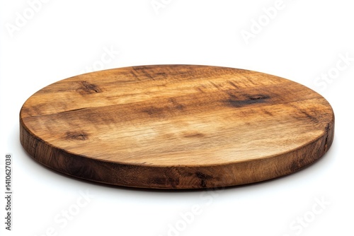 A round wooden pizza board or tray isolated on a white background with natural textures and tones emphasizing the rustic and inviting feel of the pizza surface