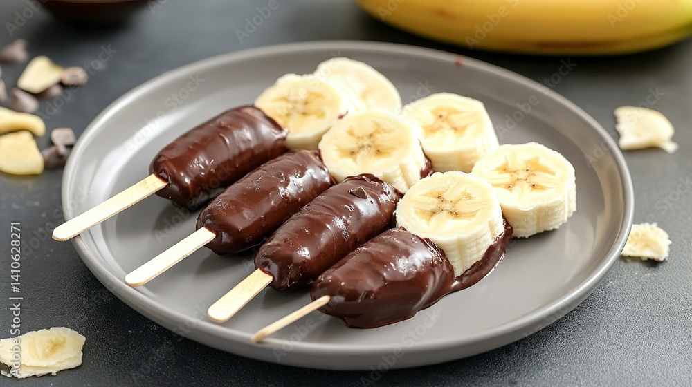 Chilled chocolate dipped sliced bananas served as a delectable snack on a gray plate Chilled chocolate dipped sliced bananas served as a delectable snack on a gray plate