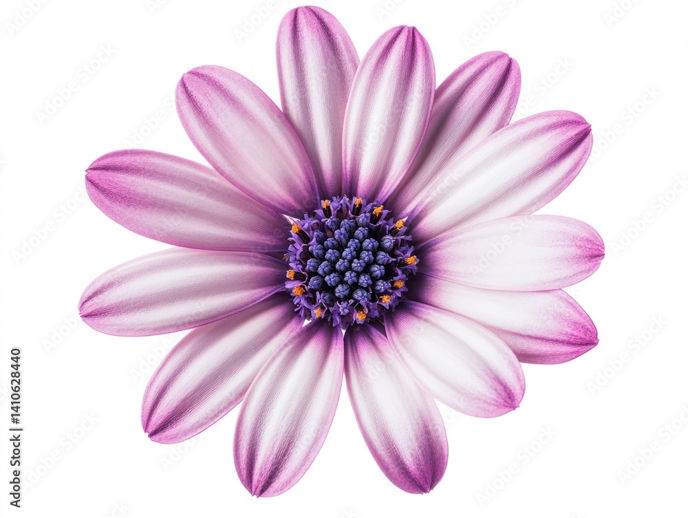 A single flower with a purple center and pink petals isolated in the center of the image with a clean white background The sharp details of the flower's structure stand out vividly A single flower with a purple center and pink petals isolated in the center of the image with a clean white background The sharp details of the flower's structure stand out vividly