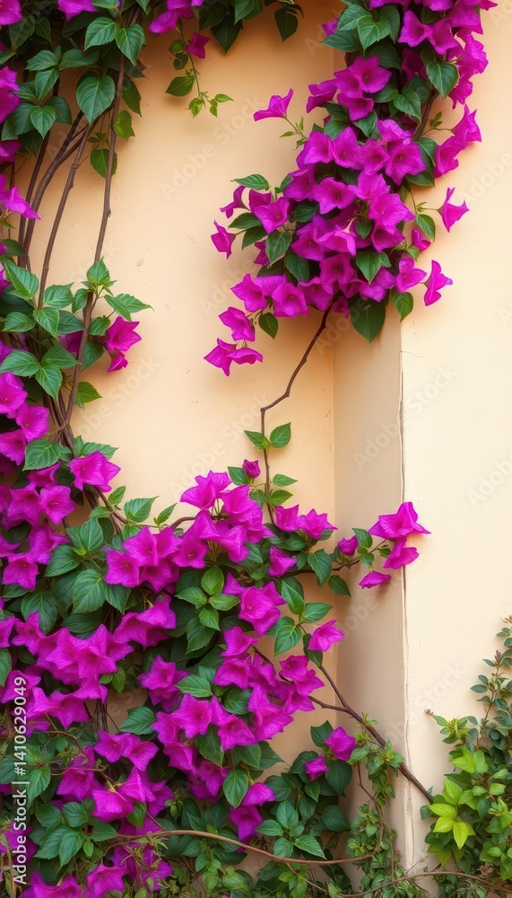 Fototapeta premium Bougainvillea vines, vibrant pink and purple, twist around a weathered beige wall corner, photography, exterior