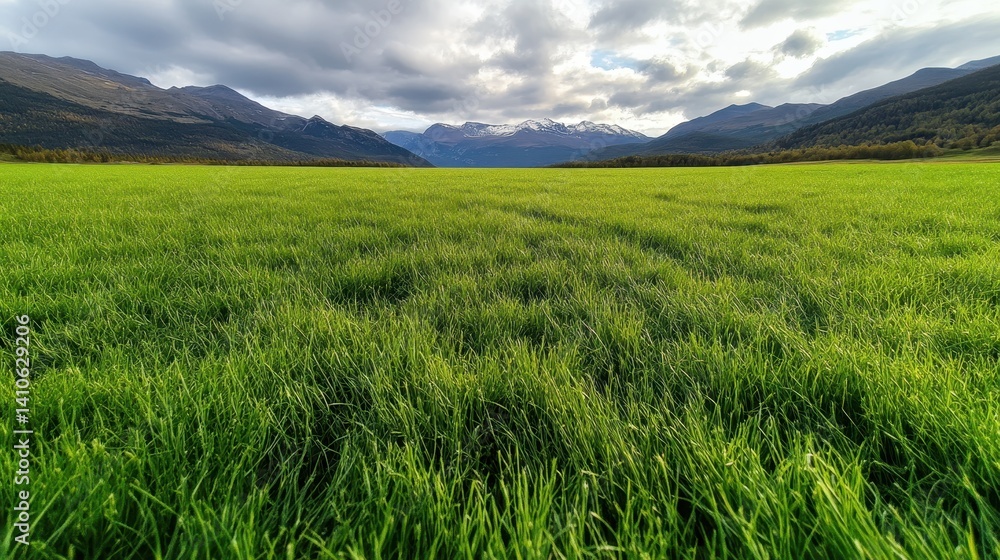An expansive green field unfolds under a moody sky filled with clouds, creating a dramatic contrast that evokes feelings of freedom and open space, perfect for serene contemplation. An expansive green field unfolds under a moody sky filled with clouds, creating a dramatic contrast that evokes feelings of freedom and open space, perfect for serene contemplation.