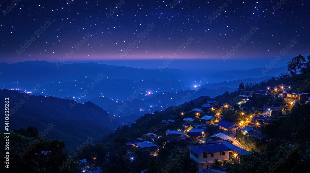Fototapeta premium Stunning mountain village at night with starry sky and twinkling lights
