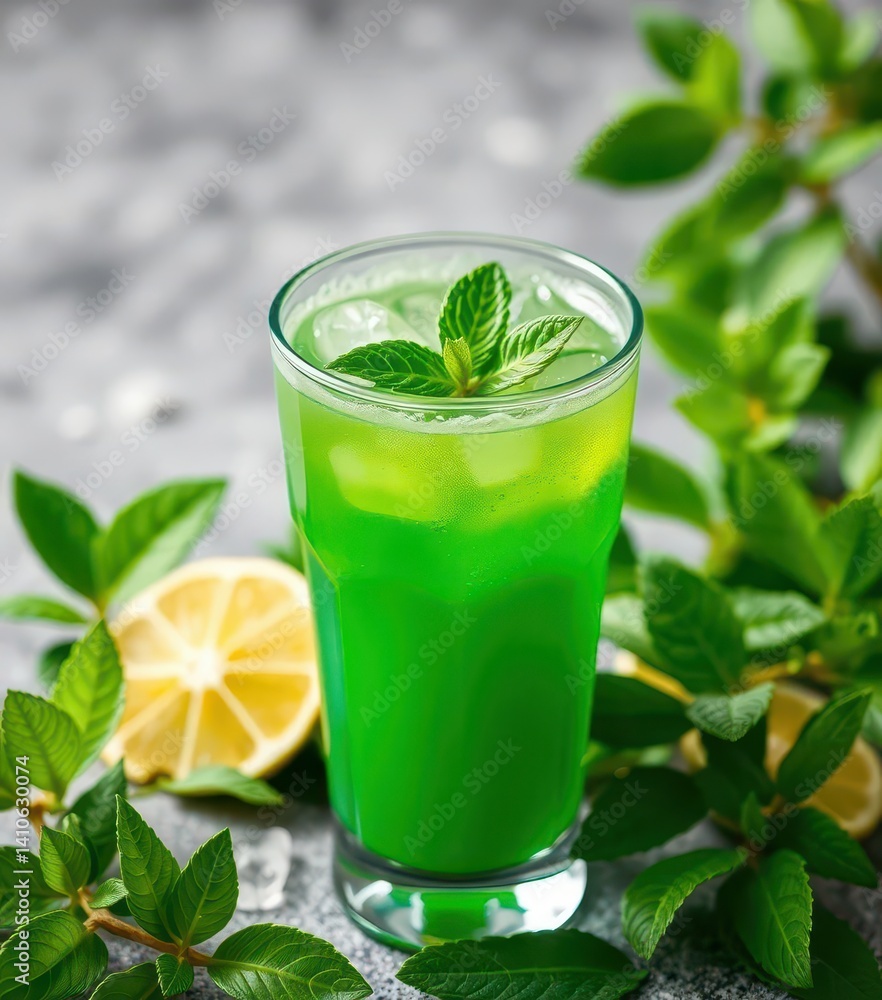 Emerald green juice in glass, vibrant leaf garnish, refreshment, vibrant, superfood Emerald green juice in glass, vibrant leaf garnish, refreshment, vibrant, superfood