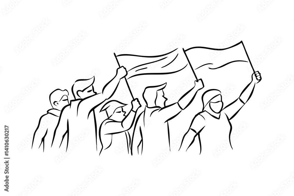 Group Of People Protesting With Flags In Line Art Style Representing Social Activism And Public Demonstration For Change And Justice In Society Group Of People Protesting With Flags In Line Art Style Representing Social Activism And Public Demonstration For Change And Justice In Society