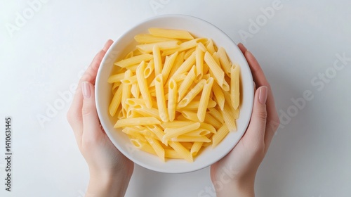 A top view of two hands holding a bowl of penne pasta isolated on a white background capturing the elegance of the pasta in a clean modern food scene
