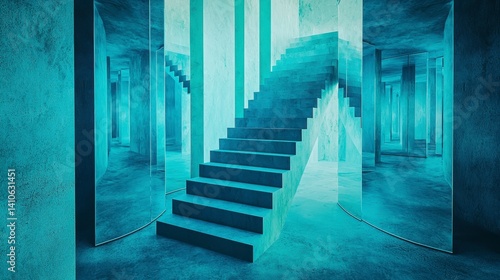 Ascending into the Blue Abstract Concrete Staircase in a Modern Architectural Space
