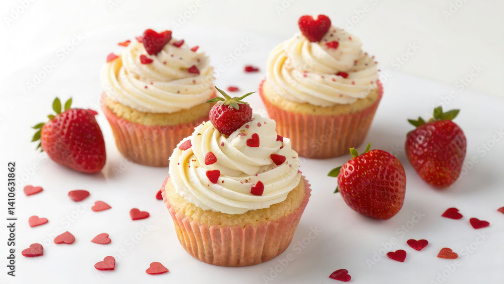 Mini strawberry cupcakes with frosting swirls and tiny heart sprinkles, HD, white background Mini strawberry cupcakes with frosting swirls and tiny heart sprinkles, HD, white background