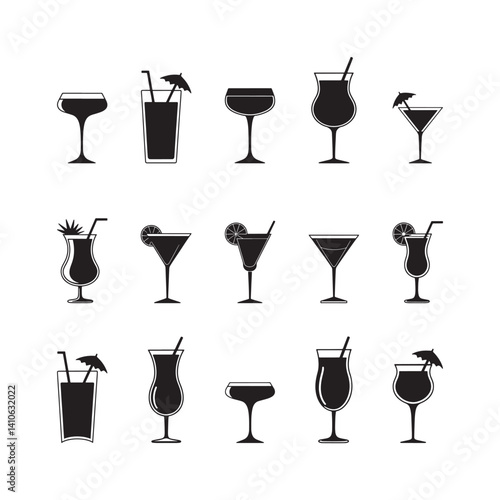 Collection of Cocktail Glasses Silhouettes with Lemon Slices and Straws, Cocktail drink icons