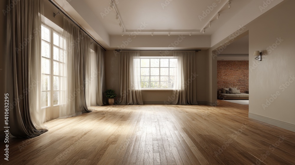 Fototapeta premium Sunlit empty room with hardwood floors and sheer curtains. A tranquil and minimalist interior design.