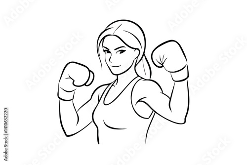 Vector Outline Illustration Of Confident Woman In Tank Top Wearing Boxing Gloves In Ready To Fight Pose On White Background