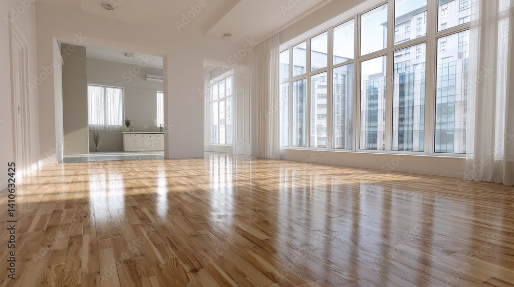 Obraz premium Sunlight streams into a bright, modern apartment with gleaming hardwood floors and large windows offering a city view. The space is minimalist and airy, with a clean, contemporary feel.