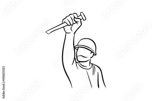 Worker Silhouette Holding Tool Upward Labourer Icon Vector Minimalist Outlines Construction Repairman Isolated White Background Professional Occupation Uniform