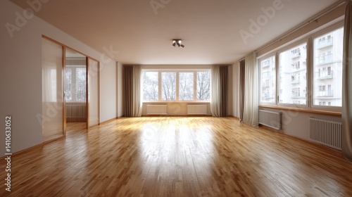 Wallpaper Mural Empty room with hardwood floors and large windows. Sunlight streams in, illuminating the space.  Neutral tones and minimalist design. Torontodigital.ca