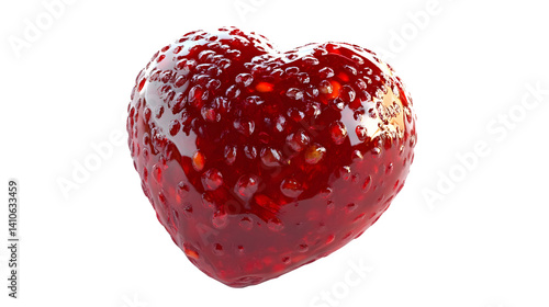 On a white background, a realistic, vibrant red jam heart with glossy texture and visible fruit seeds.