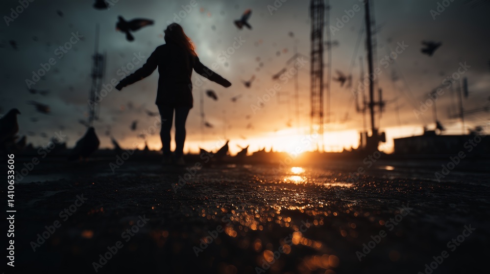 Fototapeta premium Silhouette of person surrounded by birds at sunset, creating a serene and dramatic outdoor scene.