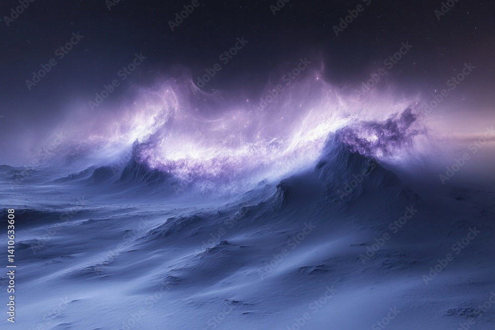 Cosmic waves crash under a starry sky in a serene celestial landscape Cosmic waves crash under a starry sky in a serene celestial landscape