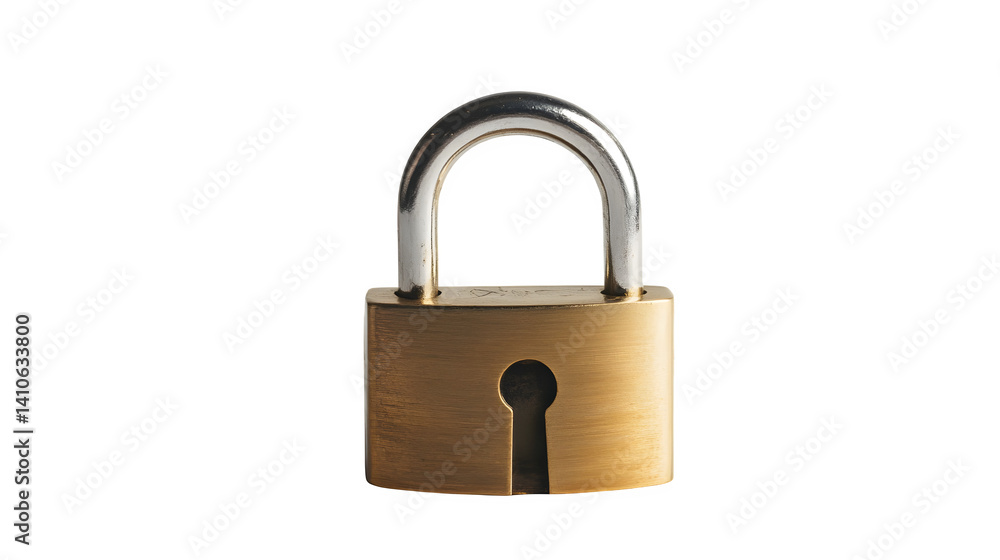 Shiny brass padlock with a steel shackle on a white background Shiny brass padlock with a steel shackle on a white background