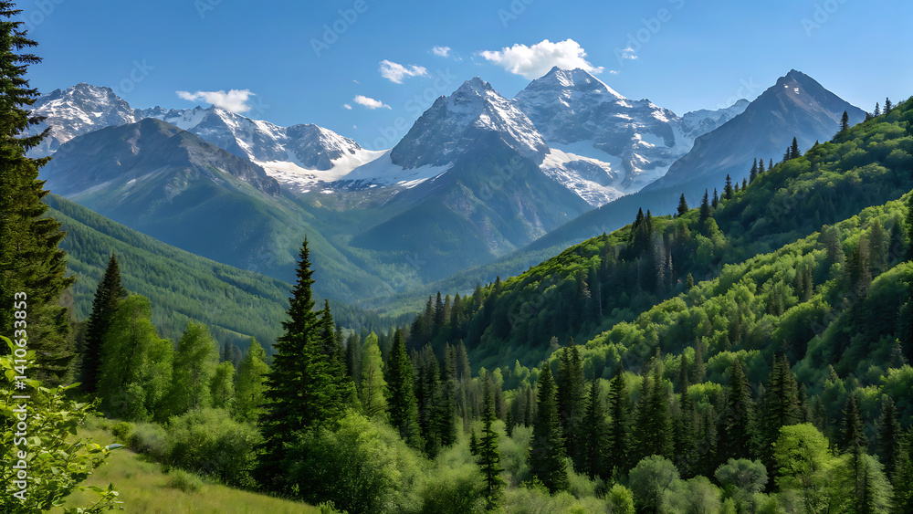Obraz premium Breathtaking summer day in wild mountains with coniferous forest and green slopes. Location place Carpathian mountains, Ukraine, Europe. Sunshine vibe. Photo wallpaper. Discovery the beauty of earth