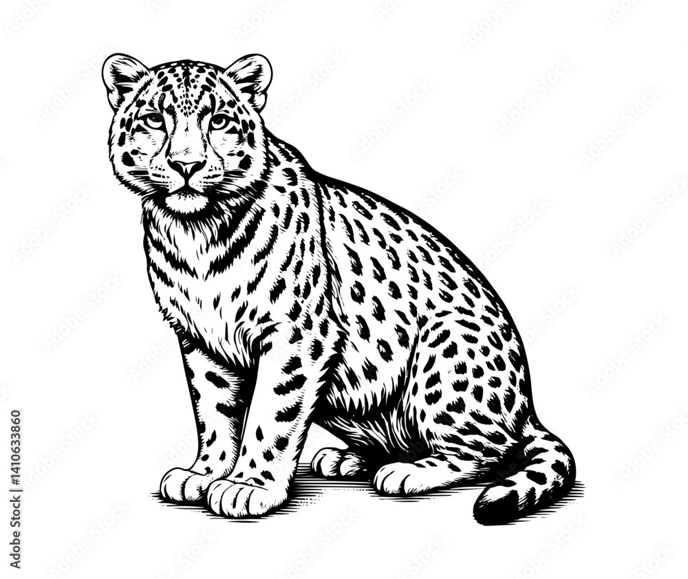 Naklejka premium Sitting Snow Leopard Woodcut Style Hatched Lines Black and White,vintage,engraved,ink hand drawn illustration, vector.