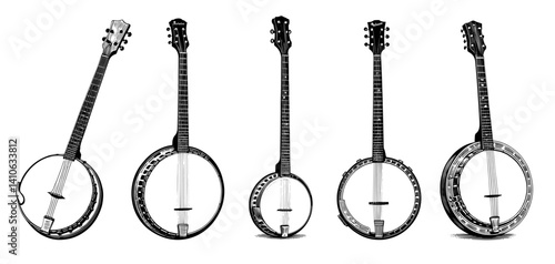 Banjo Instruments in Line Drawing Style, vintage, engraved,ink hand drawn illustration, vector.
