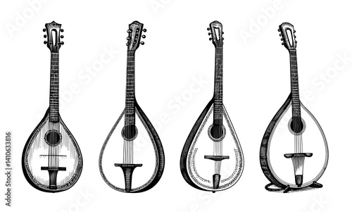 Portuguese Guitars Set Vintage Illustration in Black and White, vintage, engraved,ink hand drawn illustration, vector.