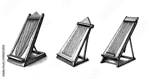 Gusli String Instruments Woodblock Style Black and White,vintage,engraved,ink hand drawn illustration, vector.