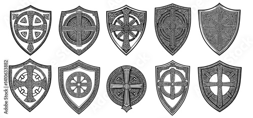 Celtic Cross Shields with Knotwork in Woodcut Style Black and White,vintage,engraved,ink hand drawn illustration, vector.
