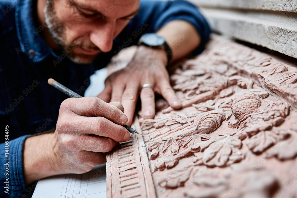 Obraz premium Prague copper art restoration process with artisan hands working on detailed medieval scene