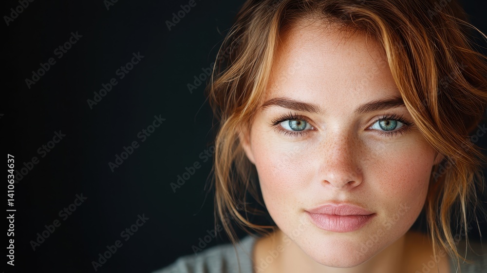 Obraz premium A close-up portrait of a young woman with freckles, exuding confidence and warmth, as her captivating blue eyes draw viewers in amidst an artistically blurred background.