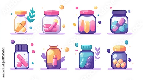 Set of colorful capsules and tablets, medical drug collection, flat style vector illustration on white