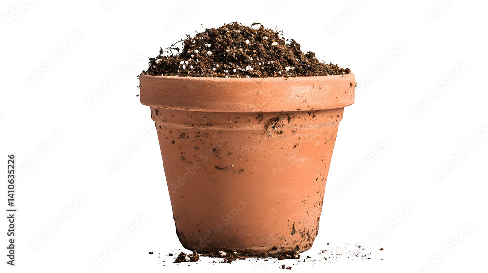 Terracotta pot with soil mixture on a white background Terracotta pot with soil mixture on a white background