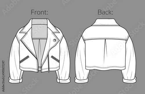 Vector woman denim moto jacket fashion CAD, oversized long sleeved blazer technical drawing, jean motor bike jacket with button details template, sketch, flat. Woven fabric jacket front, back view