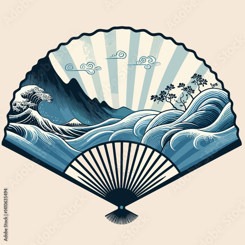 Stylized decorative fan depicting ocean waves and mountains in blue tones