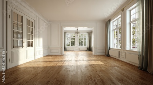 Wallpaper Mural Sunlit empty room with hardwood floors, tall windows, and elegant white walls.  Perfect for staging or design inspiration. Torontodigital.ca