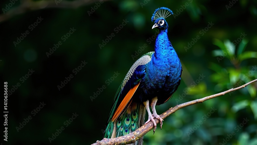 Fototapeta premium Majestic Peacock on Branch, Displaying Blue Plumage