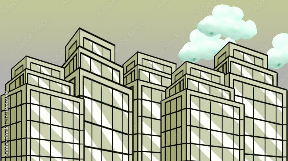 Modern Cityscape with Geometric Buildings and Clouds Modern Cityscape with Geometric Buildings and Clouds