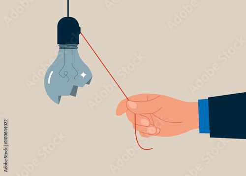 Hand light switch light bulb. Big crashed light bulb. Failed business, bankrupt. Switch. Burnout or exhausted from crisis. Flat vector illustration.