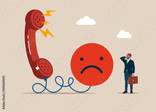 Businessman talk in phone call. Giving negative feedback. Bad review with phone, negative reviews, bad reputation. Modern vector illustration in flat style. 