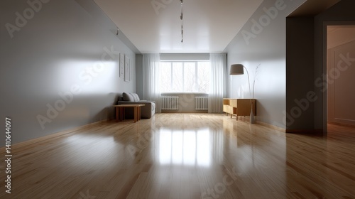 Bright, minimalist living room with hardwood floors, grey walls, and large windows. A light grey sofa and wooden side table complete the serene space.