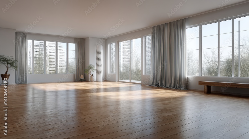 Obraz premium Bright, airy, minimalist living space with hardwood floors and floor-to-ceiling windows offering a stunning city view. Sunlight streams in, illuminating the room's serene atmosphere.