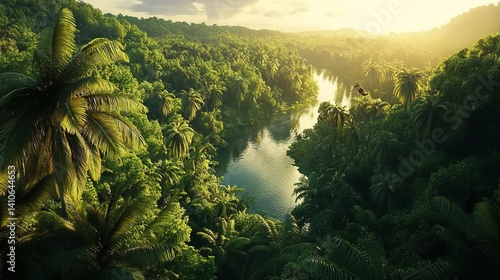 Lush Tropical Rainforest River Aerial View Stunning Sunrise Golden Light Green Palm Trees Jungle Nature Landscape Background Image sky calm life water