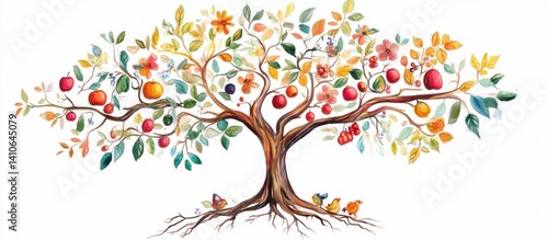 Detailed illustration of a tree with roots stems branches flowers leaves and fruits all isolated on a white background capturing the natural beauty and fine details in high-definition