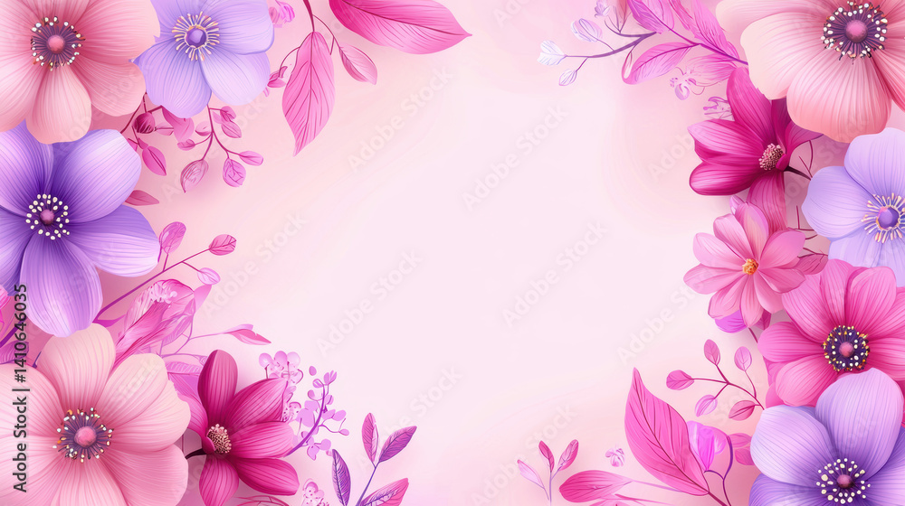 Obraz premium A delicate watercolor floral frame with pink and purple flowers and leaves creates a beautiful romantic background perfect for invitations cards or wedding designs.