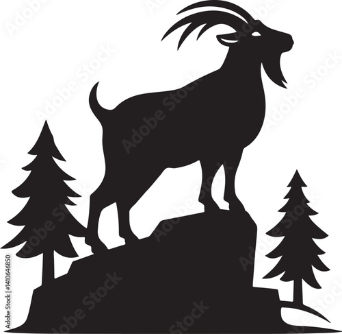 Silhouette vector of a goat standing on a rock, perfect for outdoor, nature, and farm-themed designs. Fully editable EPS file for creative projects.