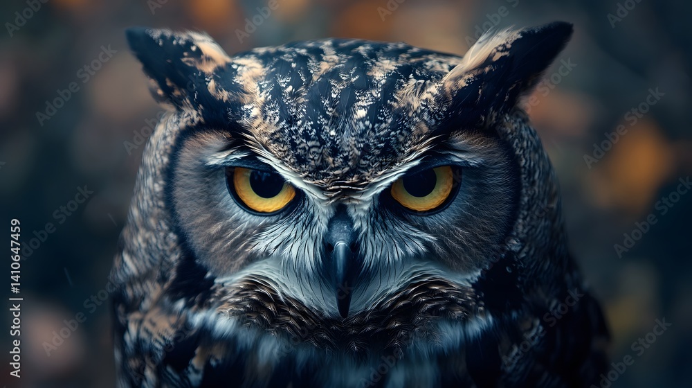 The watchful Eye: A majestic owl with piercing yellow eyes, focused intently, perched in a darkened woodland setting. The watchful Eye: A majestic owl with piercing yellow eyes, focused intently, perched in a darkened woodland setting.